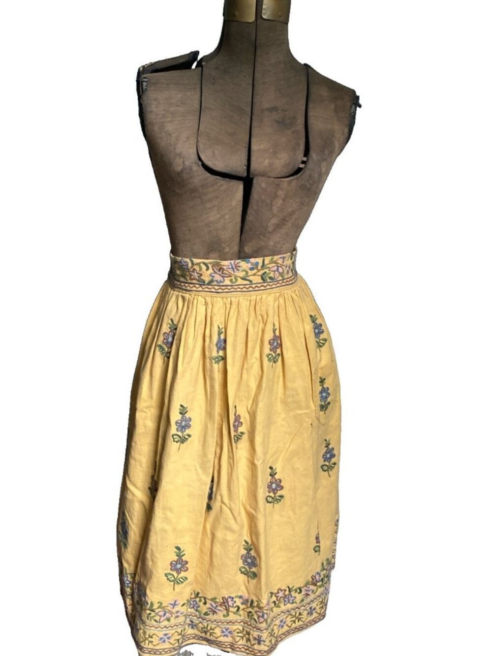 Vintage 1970s Hand Embroidered Skirt Yellow Midi Floral 70s Fit And Flare